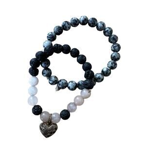 Pair of Black and White Stone and Heart Pendant Stretch Bracelets